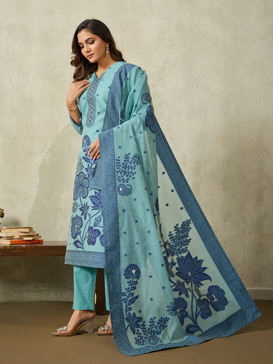 Floral Zari Woven Hand Embroidered V-Neck Kurta & Trousers With Dupatta