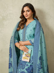 Floral Zari Woven Hand Embroidered V-Neck Kurta & Trousers With Dupatta