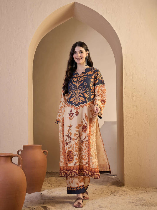 Women Floral Printed Regular Kurta with Trousers