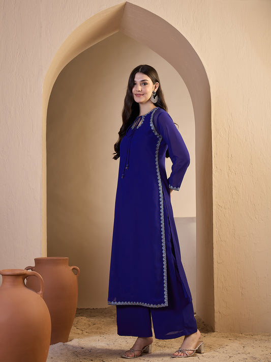 Women Embroidered Regular Thread Work Kurta with Palazzos