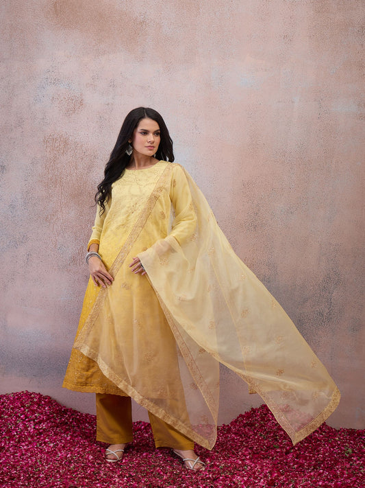 Women Floral Embroidered Regular Sequinned Kurta with Palazzos & With Dupatta