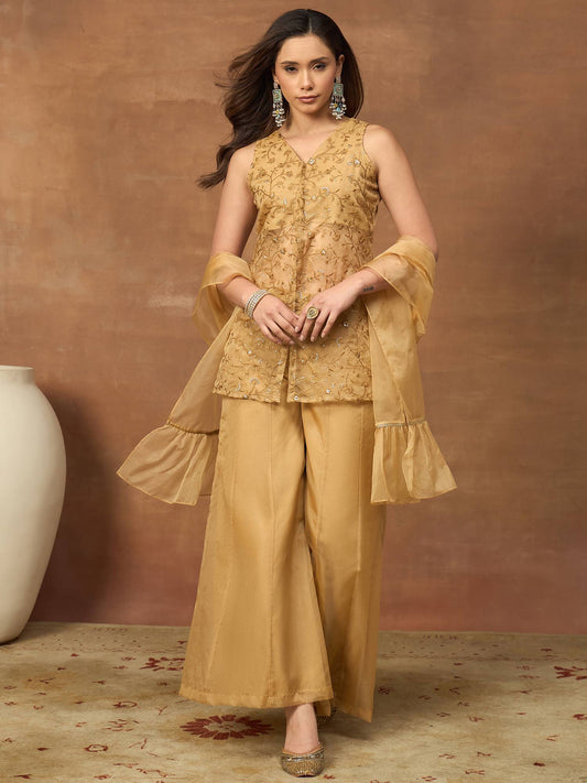 Women Floral Embroidered Regular Thread Work Kurta with Palazzos & With Dupatta