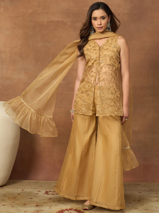 Women Floral Embroidered Regular Thread Work Kurta with Palazzos & With Dupatta
