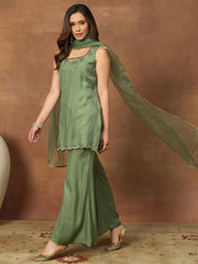 Women Floral Embroidered Regular Thread Work Chanderi Cotton Kurta with Trousers & With Dupatta (Copy)