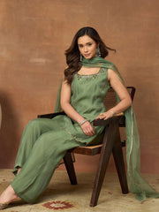 Women Floral Embroidered Regular Thread Work Chanderi Cotton Kurta with Trousers & With Dupatta (Copy)