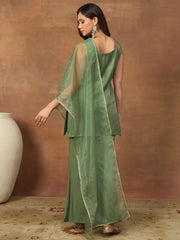 Women Floral Embroidered Regular Thread Work Chanderi Cotton Kurta with Trousers & With Dupatta (Copy)
