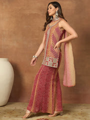 Women Bandhani Embroidered Panelled Sequinned Kurta with Palazzos & With Dupatta