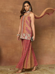 Women Bandhani Embroidered Panelled Sequinned Kurta with Palazzos & With Dupatta