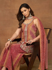 Women Bandhani Embroidered Panelled Sequinned Kurta with Palazzos & With Dupatta