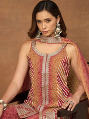 Women Bandhani Embroidered Panelled Sequinned Kurta with Palazzos & With Dupatta