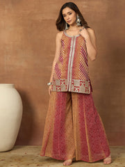 Women Bandhani Embroidered Panelled Sequinned Kurta with Palazzos & With Dupatta