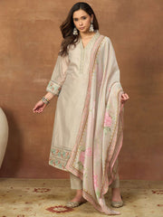 Women Floral Embroidered Regular Thread Work Chanderi Cotton Kurta with Trousers & With