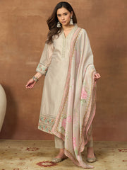 Women Floral Embroidered Regular Thread Work Chanderi Cotton Kurta with Trousers & With Dupatta