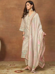 Women Floral Embroidered Regular Thread Work Chanderi Cotton Kurta with Trousers & With
