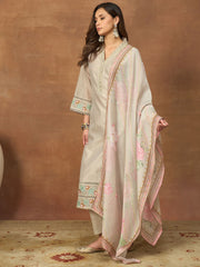 Women Floral Embroidered Regular Thread Work Chanderi Cotton Kurta with Trousers & With Dupatta