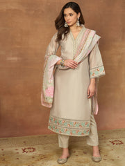 Women Floral Embroidered Regular Thread Work Chanderi Cotton Kurta with Trousers & With Dupatta