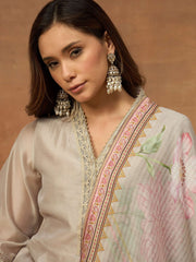 Women Floral Embroidered Regular Thread Work Chanderi Cotton Kurta with Trousers & With