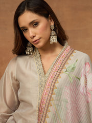 Women Floral Embroidered Regular Thread Work Chanderi Cotton Kurta with Trousers & With Dupatta