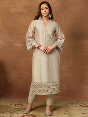 Women Floral Embroidered Regular Thread Work Chanderi Cotton Kurta with Trousers & With Dupatta