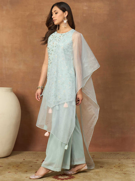 Women Floral Embroidered Regular Thread Work Kurta with Palazzos & With Dupatta