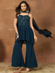 Women Striped Sequined Embroidered Kurta Palazzo with Dupatta
