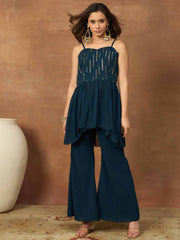 Women Striped Sequined Embroidered Kurta Palazzo with Dupatta