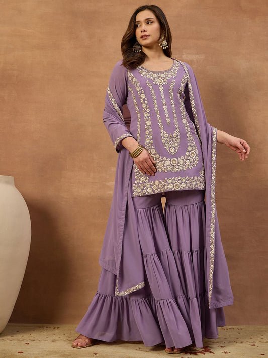 Women Ethnic Motifs Embroidered Regular Thread Work Kurta with Sharara & With Dupatta