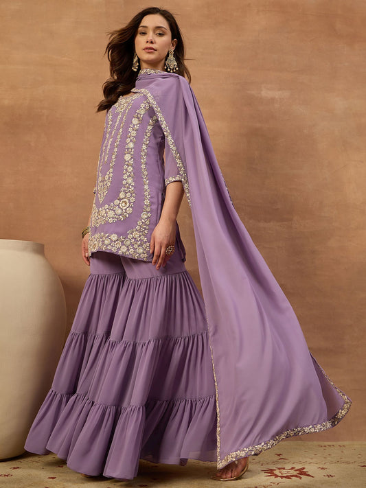 Women Ethnic Motifs Embroidered Regular Thread Work Kurta with Sharara & With Dupatta