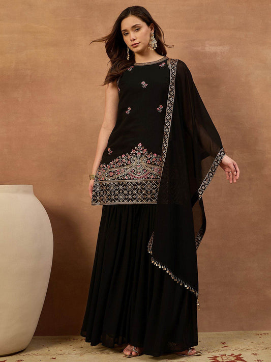 Women Ethnic Motifs Embroidered Regular Thread Work Kurti with Sharara & With Dupatta