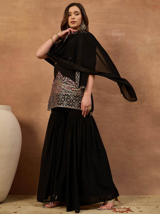 Women Ethnic Motifs Embroidered Regular Thread Work Kurti with Sharara & With Dupatta