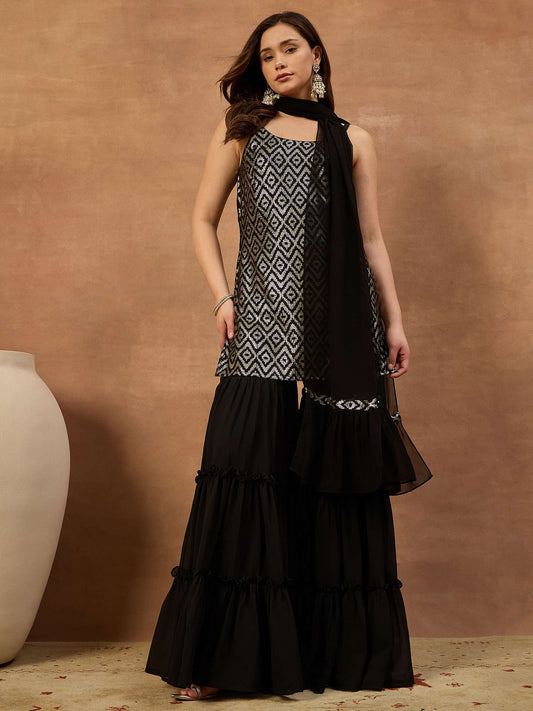 Women Printed Regular Sequinned Top with Sharara & With Dupatta