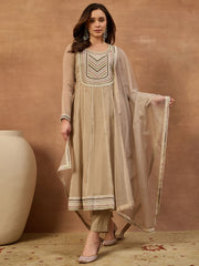 Women Ethnic Motifs Embroidered Panelled Thread Work Chanderi Cotton Kurta with Trousers & With