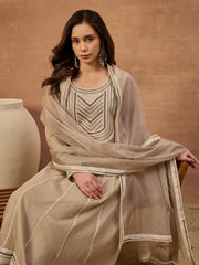 Women Ethnic Motifs Embroidered Panelled Thread Work Chanderi Cotton Kurta with Trousers & With