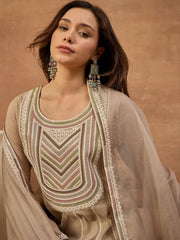 Women Ethnic Motifs Embroidered Panelled Thread Work Chanderi Cotton Kurta with Trousers & With