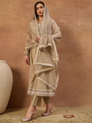 Women Ethnic Motifs Embroidered Panelled Thread Work Chanderi Cotton Kurta with Trousers & With