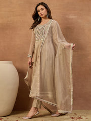 Women Ethnic Motifs Embroidered Panelled Thread Work Chanderi Cotton Kurta with Trousers & With