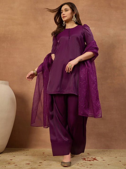Women Solid Straight Kurta & Farshi Pant with Embroidered Dupatta