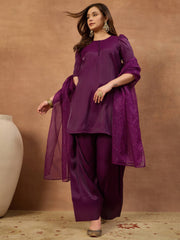 Women Solid Straight Kurta & Farshi Pant with Embroidered Dupatta