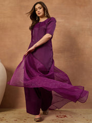 Women Solid Straight Kurta & Farshi Pant with Embroidered Dupatta