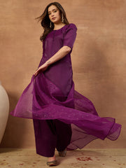Women Solid Straight Kurta & Farshi Pant with Embroidered Dupatta