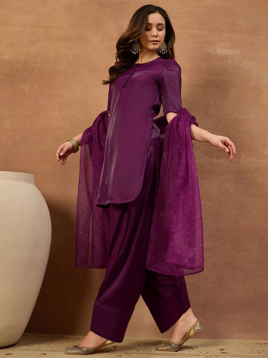 Women Solid Straight Kurta & Farshi Pant with Embroidered Dupatta