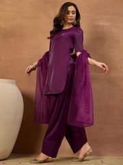 Women Solid Straight Kurta & Farshi Pant with Embroidered Dupatta