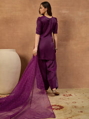 Women Solid Straight Kurta & Farshi Pant with Embroidered Dupatta