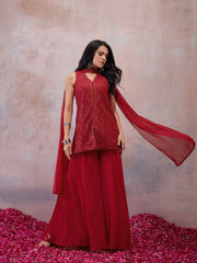 Women Embroidered Regular Thread Work Kurta with Sharara & With Dupatta