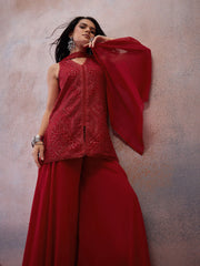 Women Embroidered Regular Thread Work Kurta with Sharara & With Dupatta