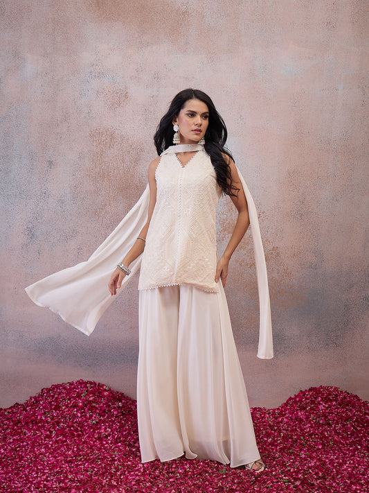 Women Ethnic Motifs Embroidered Regular Thread Work Kurta with Palazzos & With Dupatta
