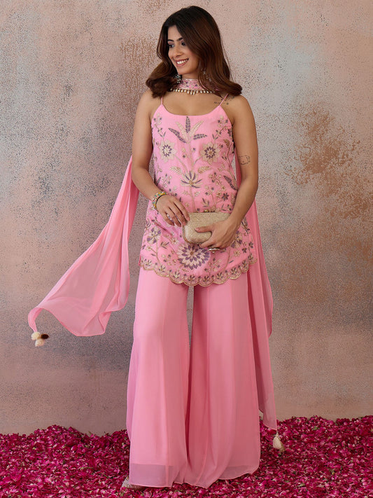 Women Floral Embroidered Regular Thread Work Kurta with Palazzos & With Dupatta
