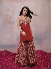 Women Floral Embroidered Regular Thread Work Kurta with Sharara & With Dupatta