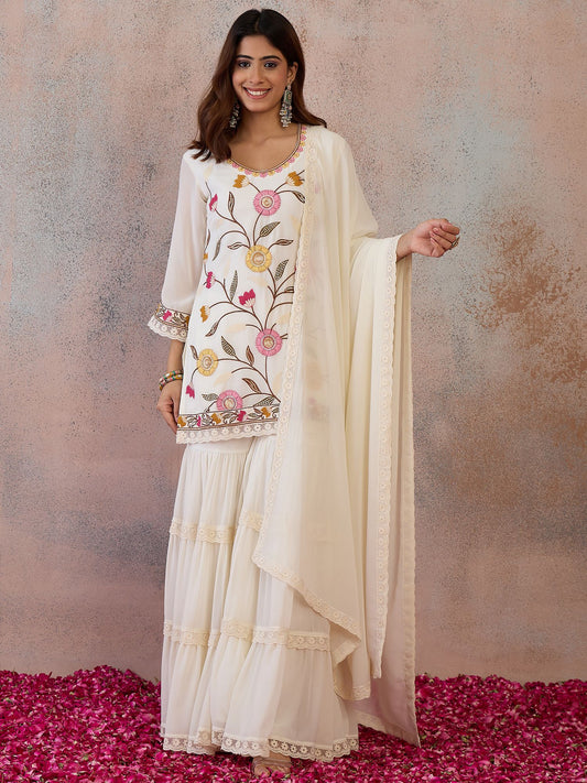 Women Floral Embroidered Regular Thread Work Kurta with Sharara & With Dupatta