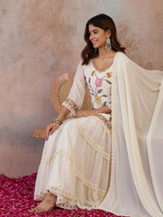 Women Floral Embroidered Regular Thread Work Kurta with Sharara & With Dupatta